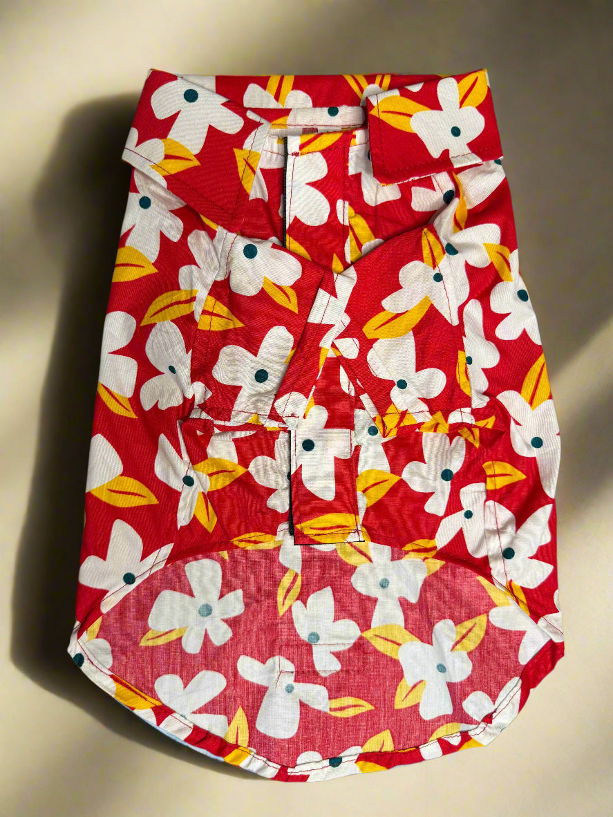 Island Bloom Dog Shirt – Red with White Flowers