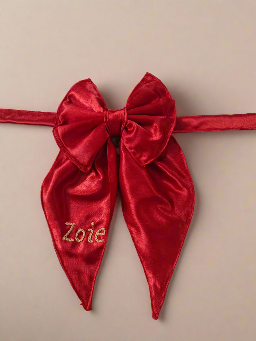 Personalized Red Dog Tinker Bell Bow with Hand Embroidered Name – Custom Pet Accessory