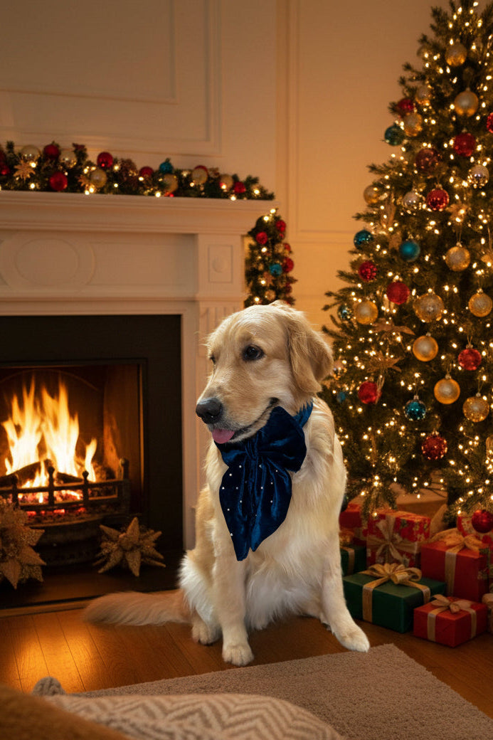 Blue Velvet Pearl Dog Bow with pearl sparkle