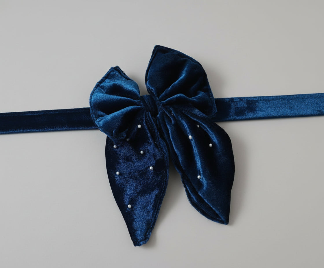 Blue Velvet Pearl Dog Bow with pearl sparkle
