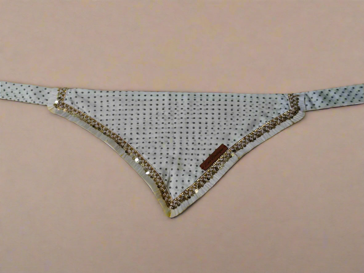 White polka dot dog bandana with golden trims