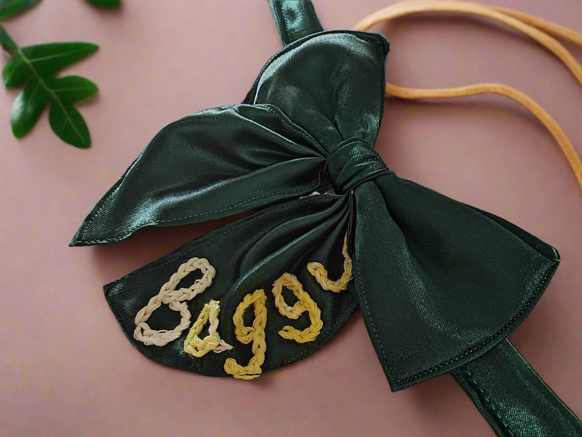 Personalized Green Dog Tinker Bell Bow with Hand Embroidered Name – Custom Pet Accessory