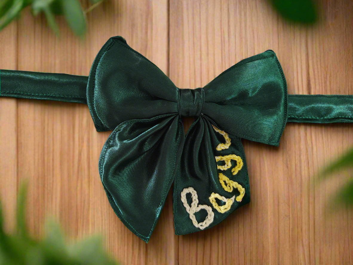 Personalized Green Dog Tinker Bell Bow with Hand Embroidered Name – Custom Pet Accessory