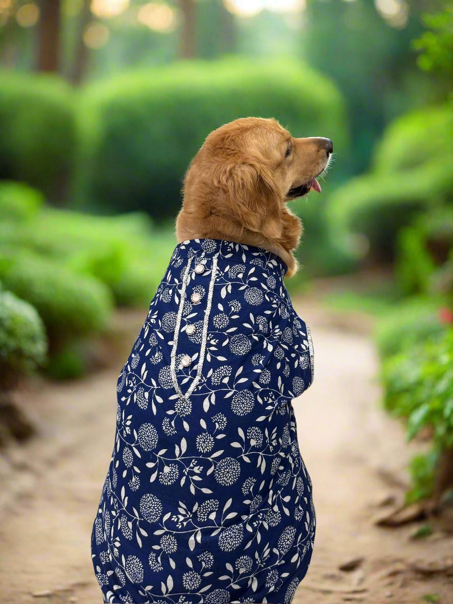 Royal Blue Sanganeri Print Cotton Kurta with Silver Trims
