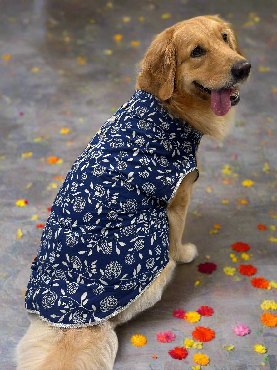 Royal Blue Sanganeri Print Cotton Kurta with Silver Trims