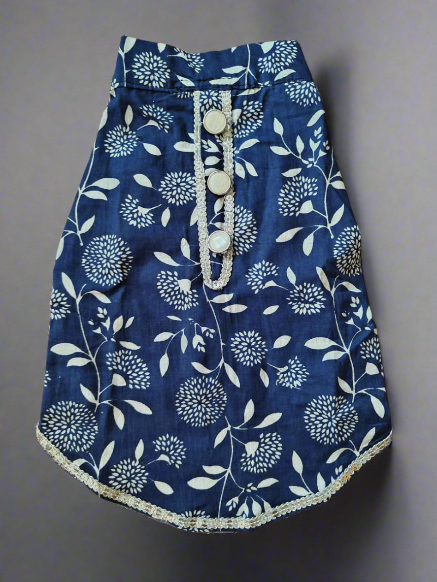 Royal Blue Sanganeri Print Cotton Kurta with Silver Trims