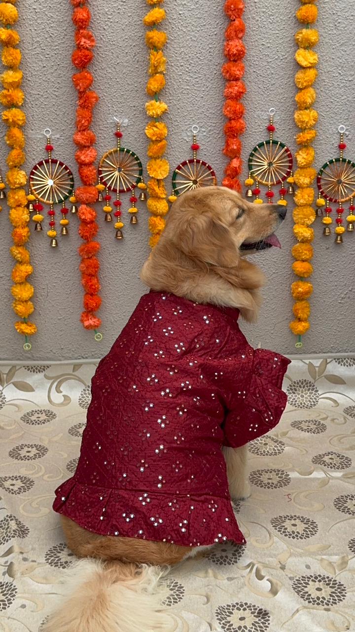 Red Mirror Work Kurta with Ruffles and Frills